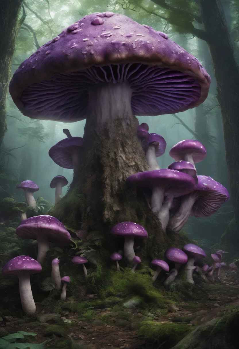 (best quality,4k,8k,highres,masterpiece:1.2),ultra-detailed,(realistic,photorealistic,photo-realistic:1.37),dark underground cave,large purple mushrooms,large purple tree at the end of the cave,root system spreading from the base of the tree to the top,writhing cluster of purple mushrooms at the base of the tree, various animal corpses parasitized by mushrooms scattered on the ground,slowly rising.