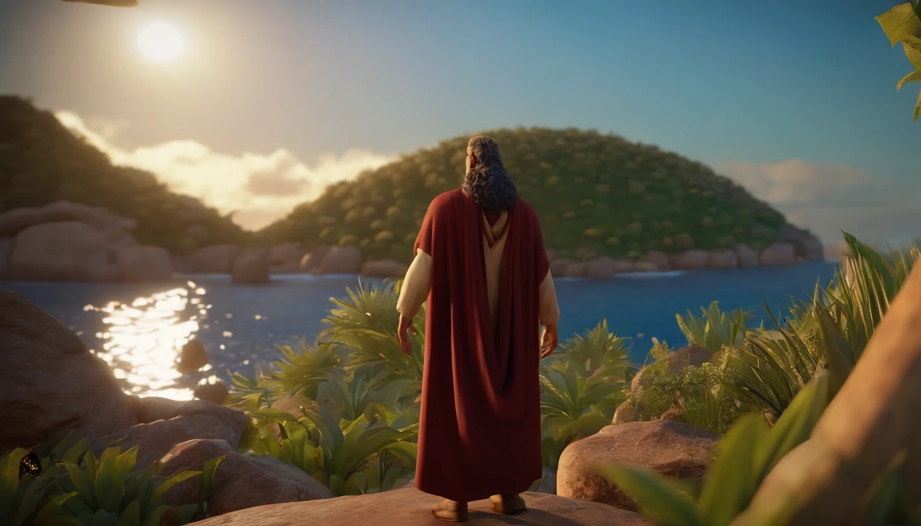 a pixa Disney cartoon of the biblical times apostle Paul, standing on an island looking in the sky, animation film, animated film still, rendered in corona, epic illumination, 3 d animated, 3d animated, he is greeting you warmly Caractere estilizado, animation style rendering, 3D estilizado, Arnold Maya render, 3 d render stylized, toon render keyshot, Personagem 3D, Personagem 3D, 3d rendering stylized, 3 d character render, personagem de desenho animado, Personagem de close up, Pose de personagem, (Estilo Pixar) (master part:1.2) (Bokeh) (best quality) (pele detalhada) (textura detalhada) (8k) (argila) (Cinematic lighting) (foco nítido