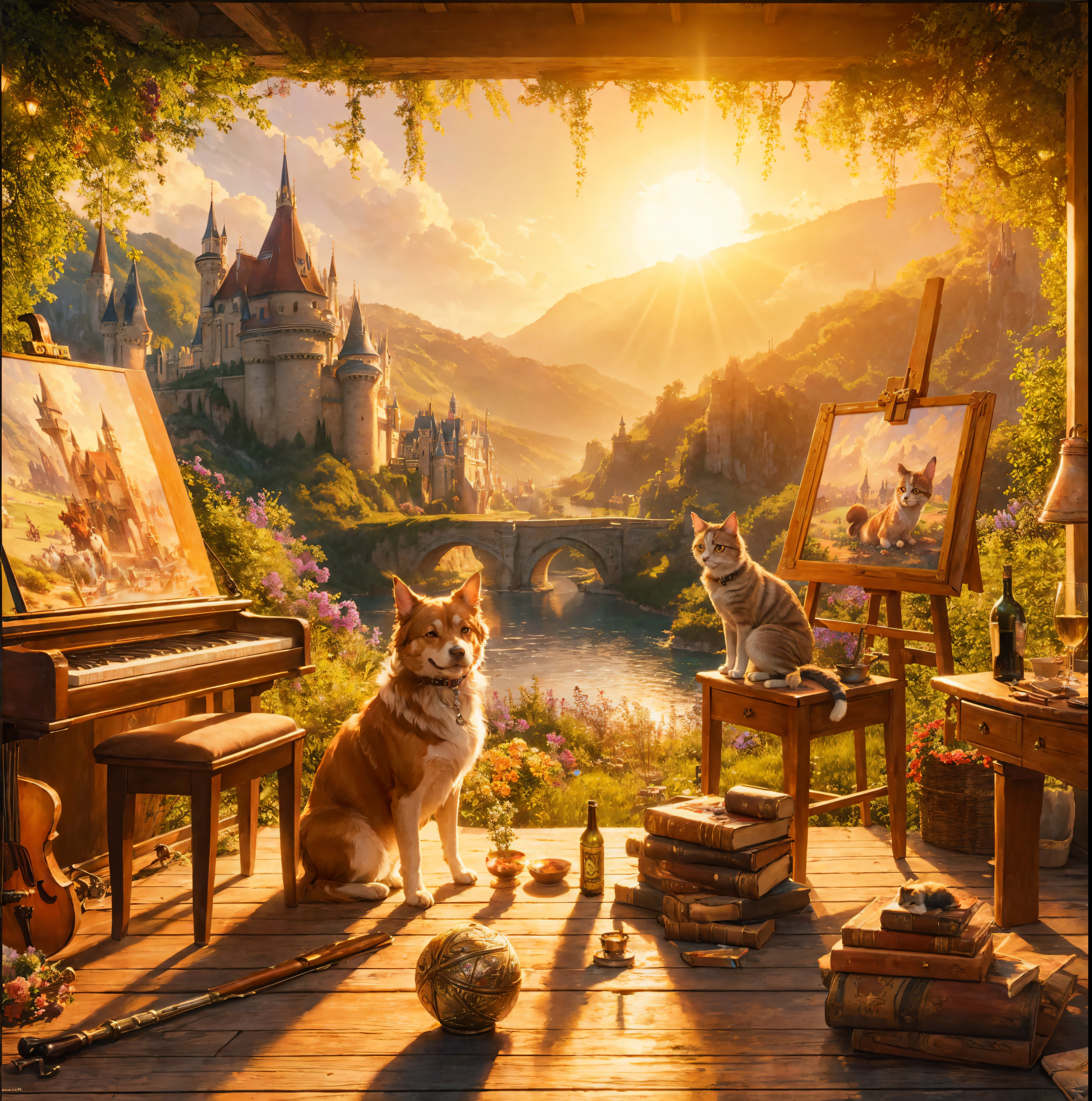 peinture d&#39;un chien et d&#39;un chat assis sur un porche avec vue sur un château, Matte painting fantaisie，mignon, L’art dans le style de Disney, par Alexander Kucharsky, Bel art UHD 4 K, Disney photoréaliste, Concept Art Disney, Art numérique 4K très détaillé, 4 K mat Thomas Kinkade, Peinture détaillée 4 K, Style de réalisme magique