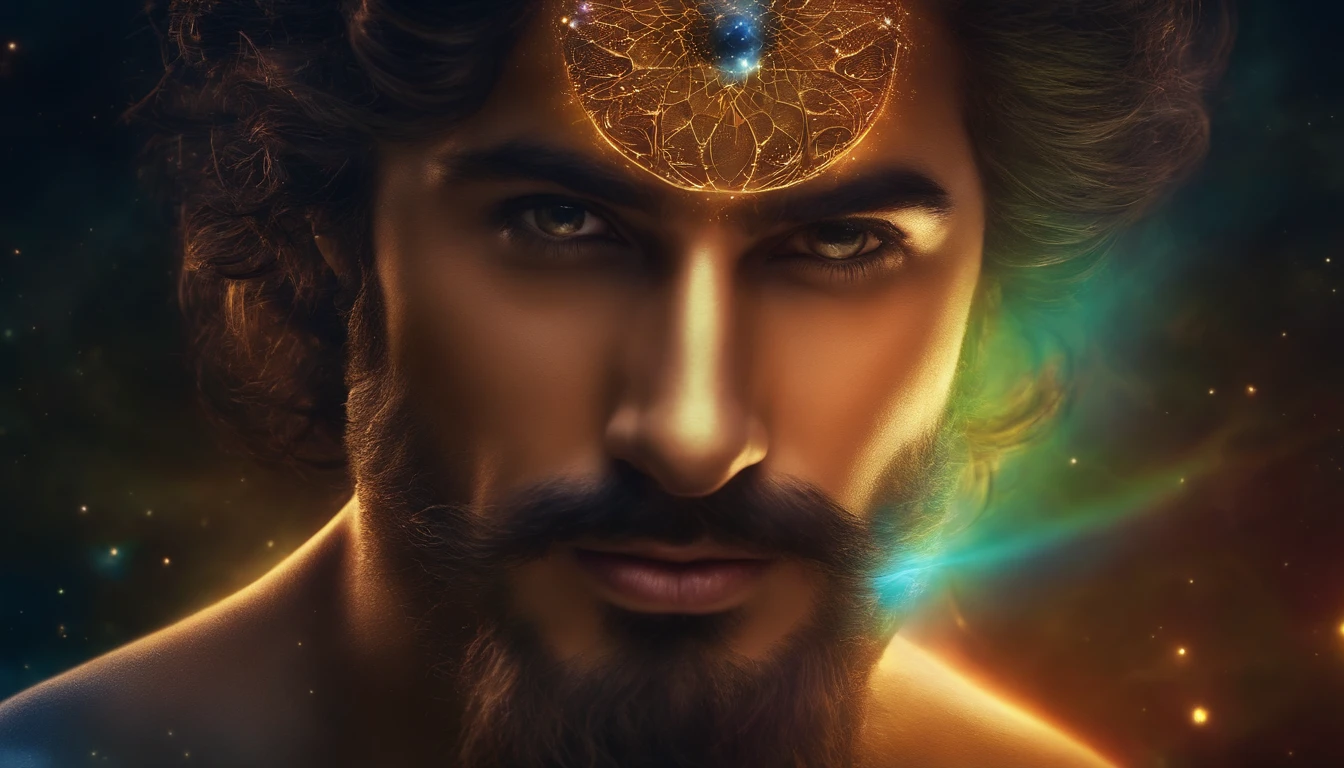 Mystic Man Face, ser de luz, En medio del universo, cuerpo astral, con aura alrededor, 4k