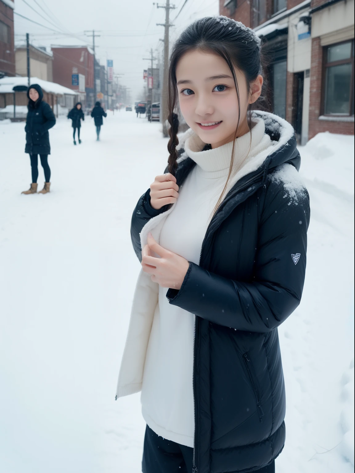 one beautiful women、sixteen years old 、FULL BODYSHOT、Wet clothes and body、City of Snow、flat breast、Twin-tailed