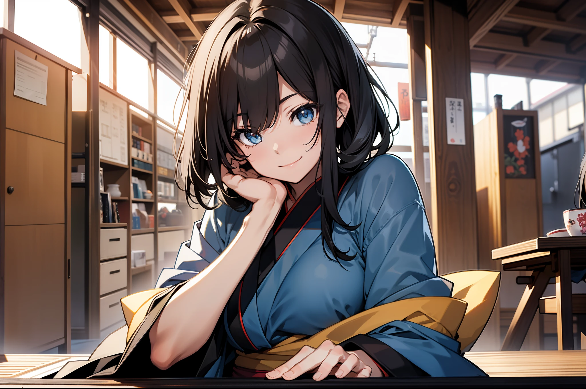 8K amazing 2D Japan manga style black hair, Blue-eyed two-dimensional girl sitting at table, the head is slightly tilted to the right, Smile