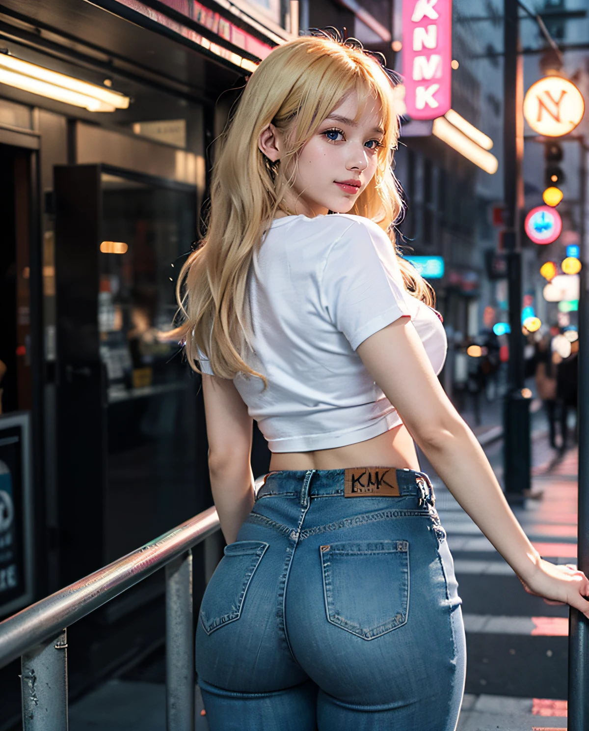 1girl, (Blue eyes), (Smile), (Sana Minatozaki), wide hips, Big Boobs, big ass, round butt, (Best Quality, 8k, Masterpiece: 1.3), perfect hands, Clear Focus: 1.2, Perfect Body Beauty: 1.4 , Slender Abs: 1.2, Highly detailed face and skin texture, detailed eyes, double eyelids, (blonde long hair whit bangs), (black cleavage t-shirt), (denim short), standing, hands on head, round ass, look back, view from back, in a busy city, night illuminated by neon signs