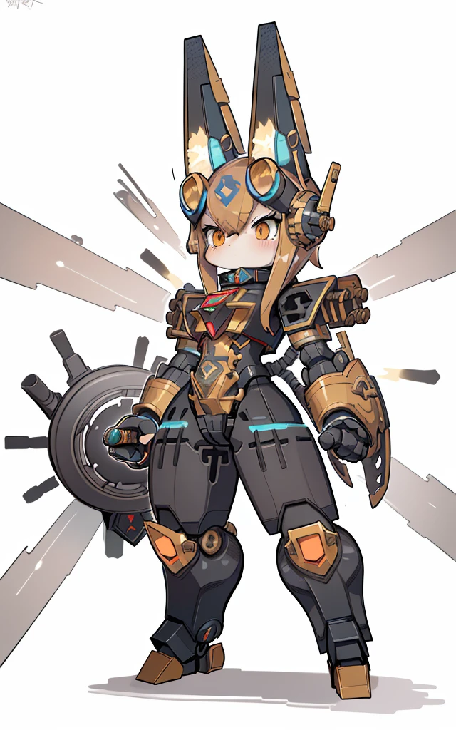 Cartoon image of robot rabbit holding gun, mecha cyber armor, gear wheel, Strong steampunk theme, steam engine, Cool mech style, mechasuit, Full robot full body mecha suit, cyber fight armor, wearing cyber armor, anime mecha armor,golden armour, Complex assassin mecha, adorable expression, Mecha Inspiration, Spatial perspective, The vision becomes blurred