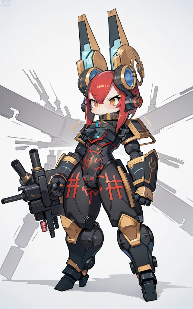 Cartoon image of robot rabbit holding gun, mecha cyber armor, gear wheel, Strong steampunk theme, steam engine, Cool mech style, mechasuit, Full robot full body mecha suit, cyber fight armor, wearing cyber armor, anime mecha armor,golden armour, Complex assassin mecha, adorable expression, Mecha Inspiration, Spatial perspective, The vision becomes blurred