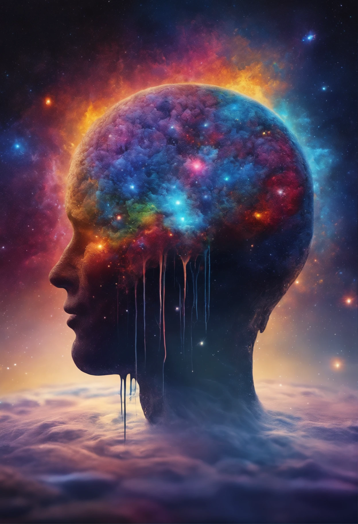 high quality, 8K Ultra HD. A painting with dripping and scattered paint, blurry, smudge outline. A pill-shaped brain, cracked open to reveal a universe of stars and galaxies, symbolizing the endless possibilities of the human mind.