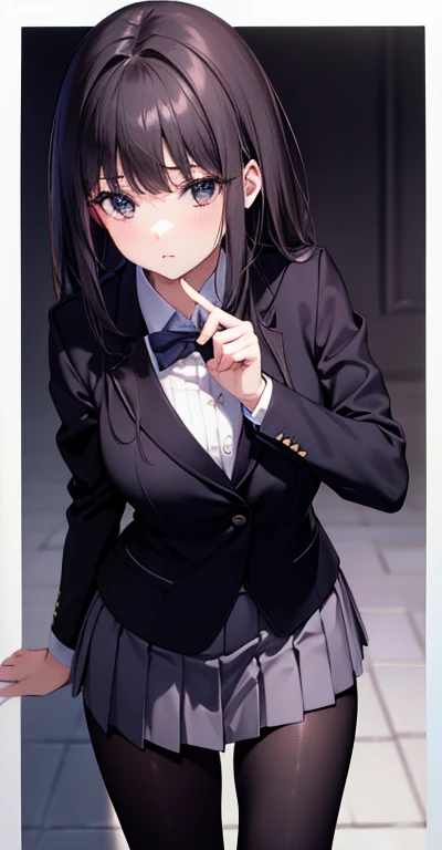 Best Quality , tmasterpiece ,full-body view、Beautiful face ,sexypose、Provocative、 (realistic photo shot : 1.3) , Illuminated border , High quality , hight resolution , Absurd , Ideal proportions of four fingers and thumb, (Realistic:1.3), pretty 1girl, wearing black formal blazer, Short skirt,lacepantyhose,