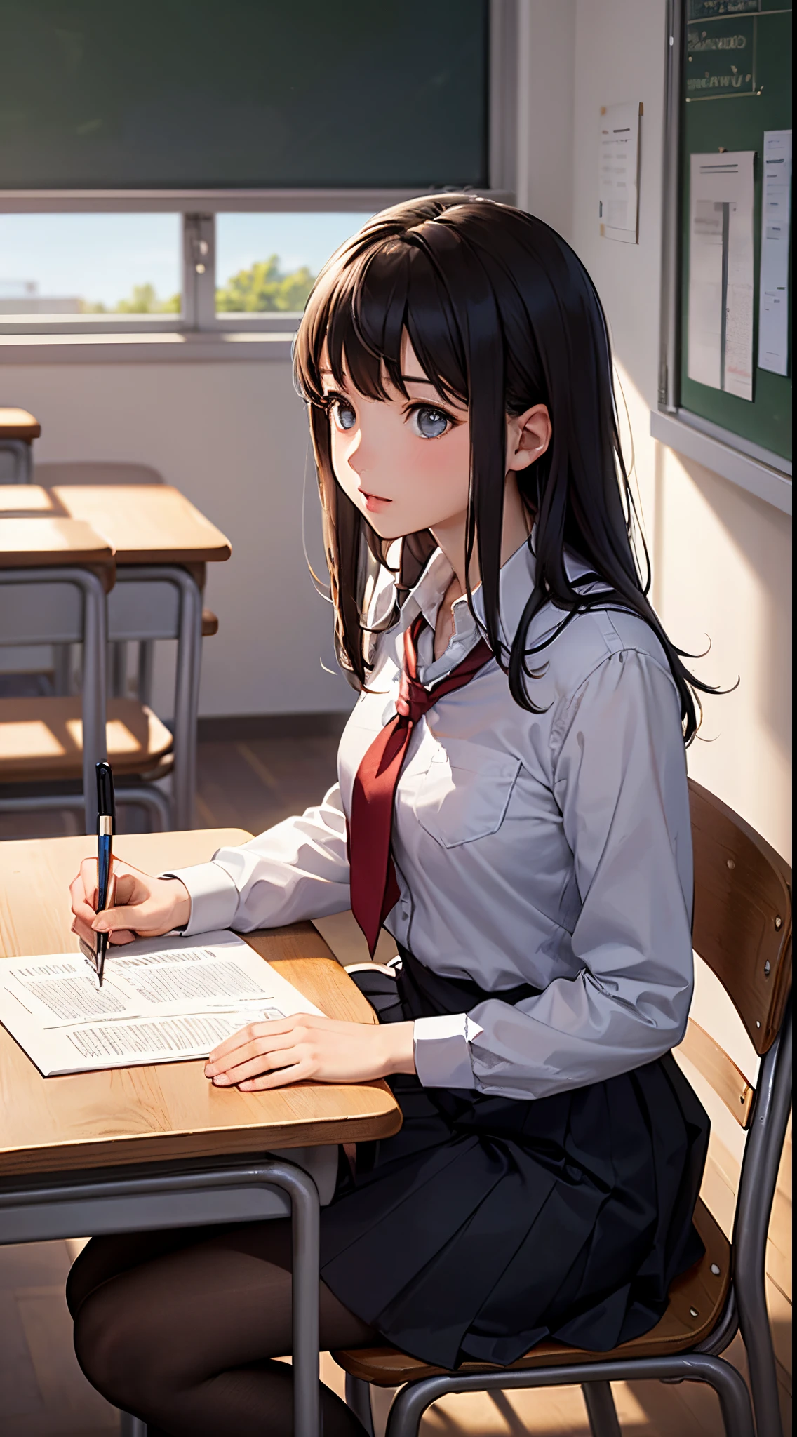 (best quality, masterpiece:1.2, latest, extraordinary:1.2), 1 girl, black school uniform, classroom, textbooks, teacher, blackboard, brightly lit, sunny day, students, focused expressions, diligent studying, open windows, fresh air, tidy desks, organized books, knowledge-sharing, interactive learning, educational atmosphere.