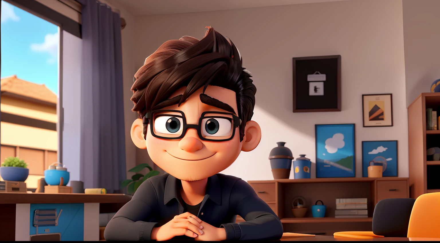 um homem de 25 anos, cabelo preto e liso, olhos castanho, rosto redondo. Ambiente em sua casa no quarto sentado na mesa. Imagem quenem Disney