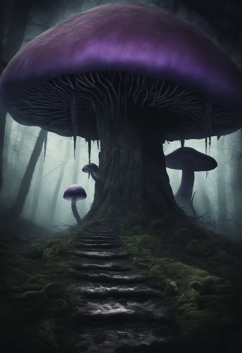 Huge dark underground cave，Various purple mushrooms，There is a huge purple tree at the end of the cave，The roots spread all the way to the top，There is a huge mass at the root of the tree，Squirming purple mushroom monster，There are various animal carcasses parasitized by mushrooms on the surrounding ground...，Start to get up slowly and walk around
