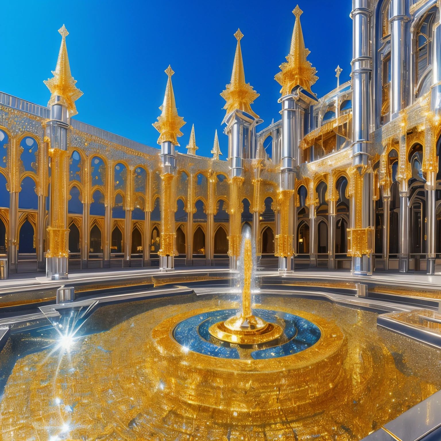 water fountains, super high quality, 8k, RAW photo, realistic, detailed and delicate depiction and flashy and dynamic painting method, fantastic depiction, kaleidoscope, water fountain of medieval architecture, shining jewel, iridescent particles dancing around, (shiny gold plated, shiny silver plated:1.7), iridescent, professional flare lighting