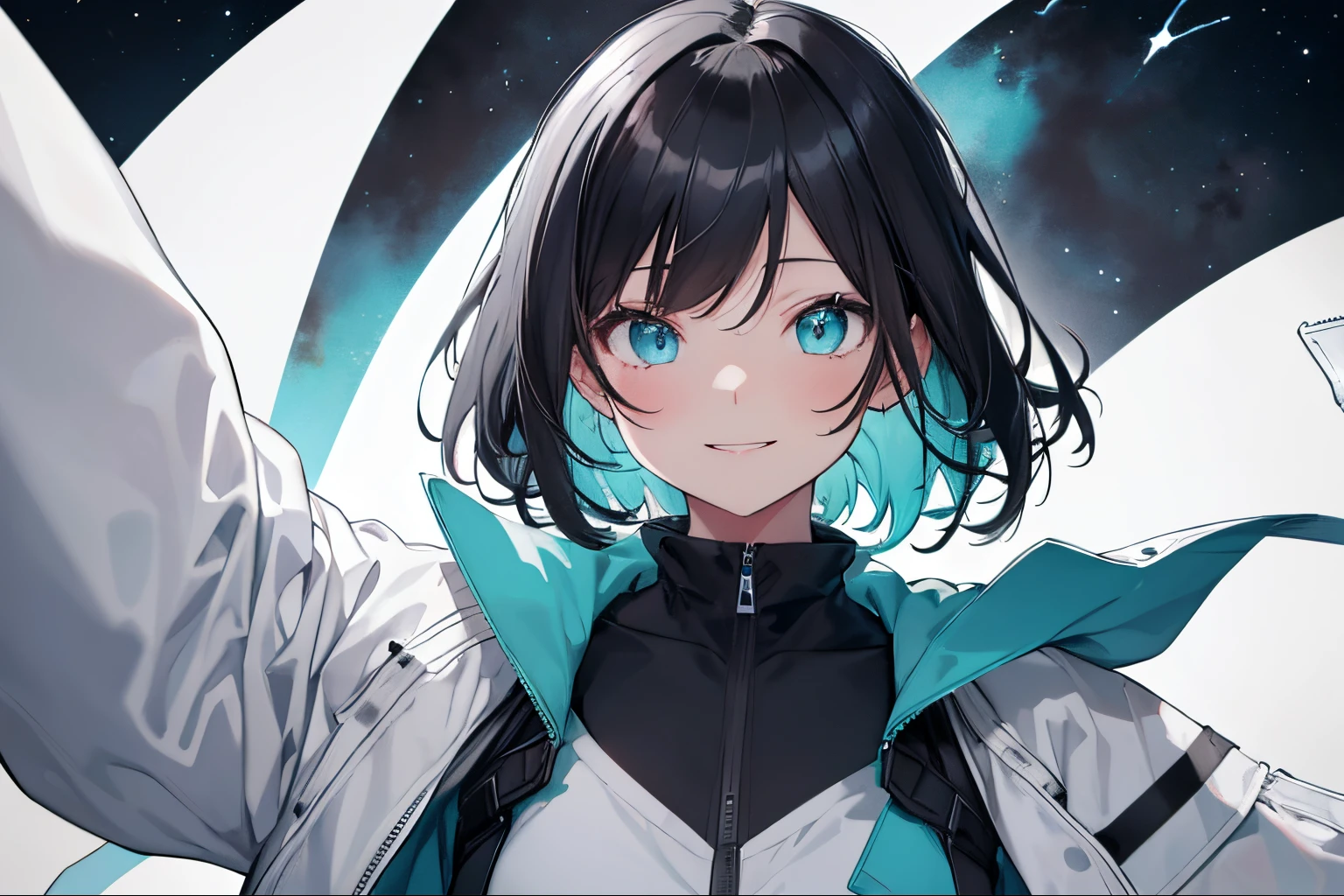 【Highest Quality, masutepiece】,Manteau, expressioness, front facing,1 girl in, Turquoise eyes, jet-black hair, Jacket (Gray white background:1.4), (night sky background:1.3), smile elegantly,