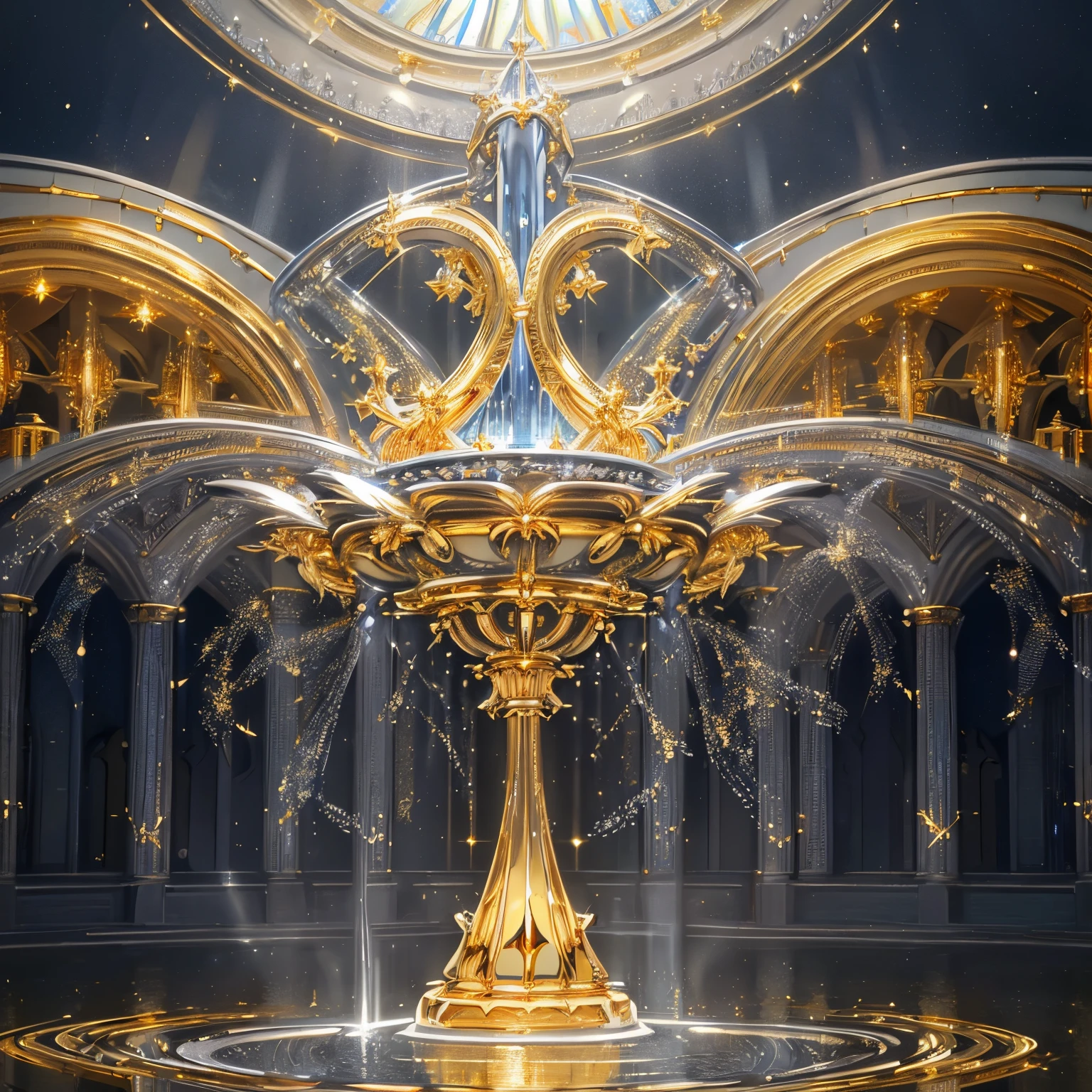 super high quality, 8k, RAW photo, realistic, detailed and delicate depiction and flashy and dynamic painting method, water fountain of medieval architecture, shining jewel, iridescent particles dancing around, (shiny gold plated, shiny silver plated:1.7), iridescent, professional flare lighting