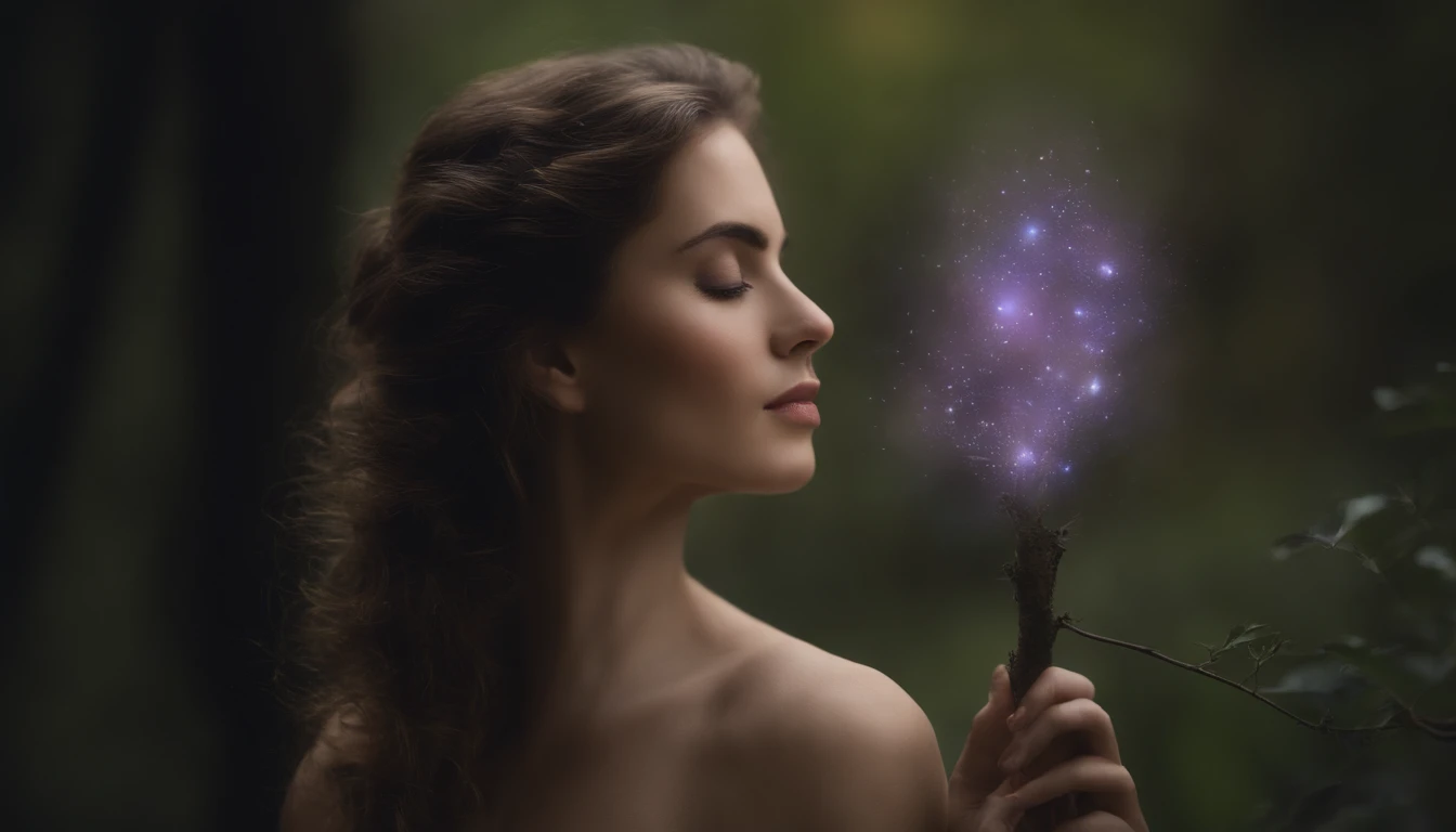Human face in deep meditation, serenidade, aura brilhante e sutil, universo em AZUL e violeta, Stars and galaxies, macio, ethereal clouds, connectedness, roots in the earth, branches to the starry sky, tons amarelados, serenidade, cosmic harmony