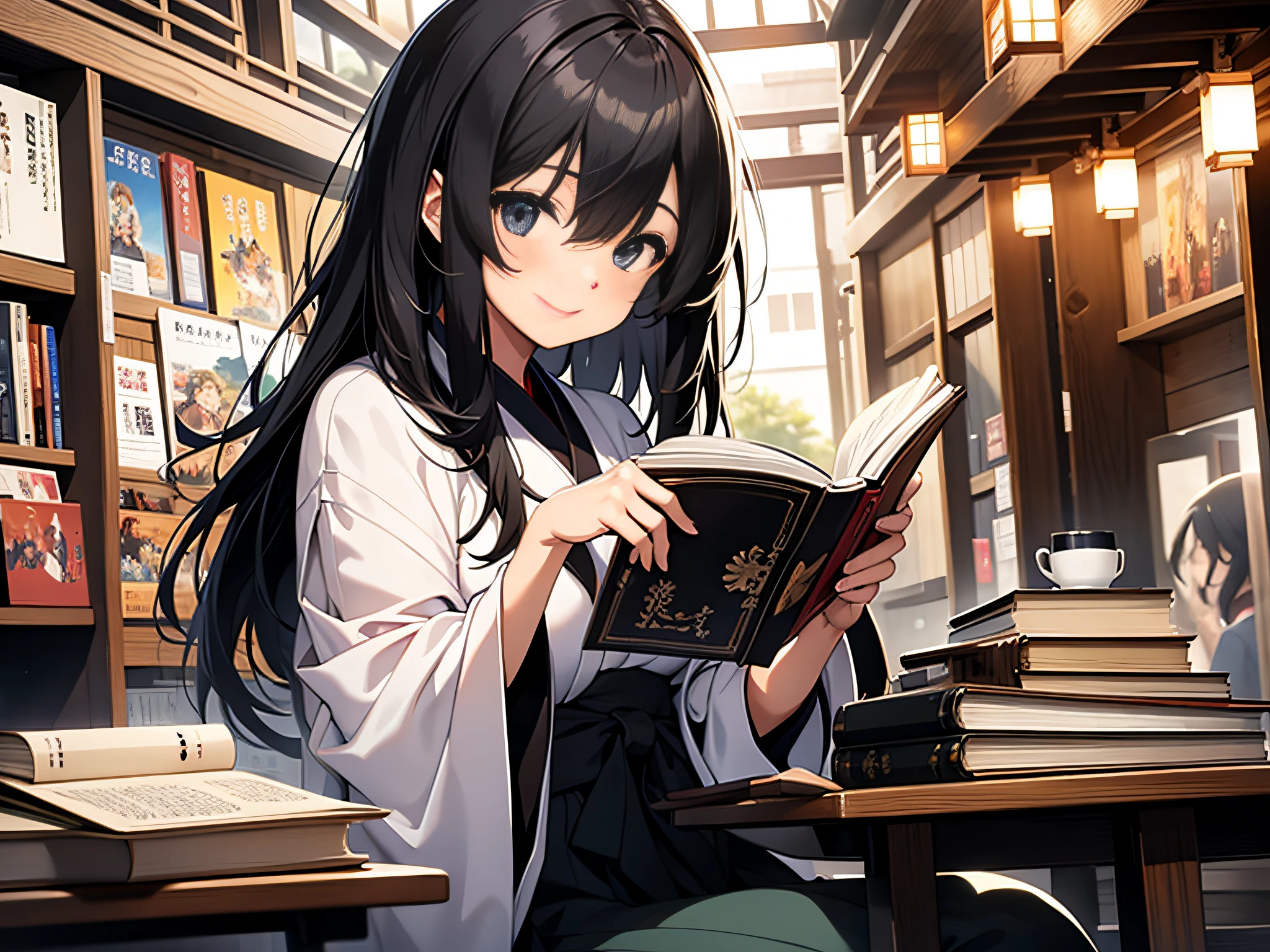 8K amazing 2D Japan manga style black hair, reading a book sitting at the table, Two-dimensional girl, the head is slightly tilted to the right, a smile