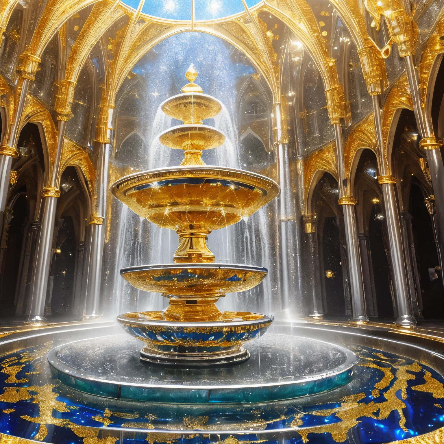 water fountains, water mists, super high quality, 8k, RAW photo, realistic, detailed and delicate depiction and flashy and dynamic painting method, fantastic depiction, kaleidoscope, water fountain of medieval architecture, shining jewel, iridescent particles dancing around, (shiny gold plated, shiny silver plated:1.7), iridescent, professional flare lighting