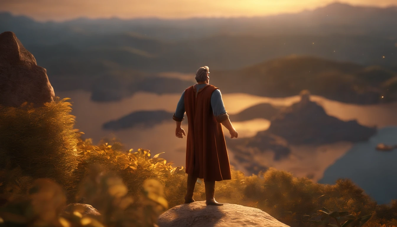 a pixa Disney cartoon of the biblical times apostle Paul, standing on an island looking in the sky, and a big golden heavenly city made of gold coming down from the sky, animation film, animated film still, rendered in corona, epic illumination, 3 d animated, 3d animated, he is greeting you warmly Caractere estilizado, animation style rendering, 3D estilizado, Arnold Maya render, 3 d render stylized, toon render keyshot, Personagem 3D, Personagem 3D, 3d rendering stylized, 3 d character render, personagem de desenho animado, Personagem de close up, Pose de personagem, (Estilo Pixar) (master part:1.2) (Bokeh) (best quality) (pele detalhada) (textura detalhada) (8k) (argila) (Cinematic lighting) (foco nítido
