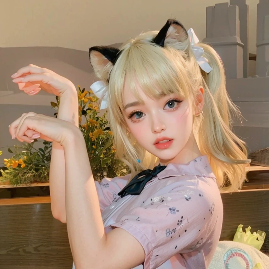 masterpiece, highest quality, Wolf Girl, elegant, One girl, Wolf Ears, Wolf's tail, cute, Blushed, View Viewer, From above, Blonde Wavy Hair, mini skirt, black and white striped t-shirt, blue eyes, Beautiful Eyes, Beautiful background, Particles of light, Light of the sun, Dramatic lighting, outside, Shiny, Realistic, masterpiece, highest quality, ultra-detailed, detailed, scenery, beautiful detailed eyes, detailed hair Selfie