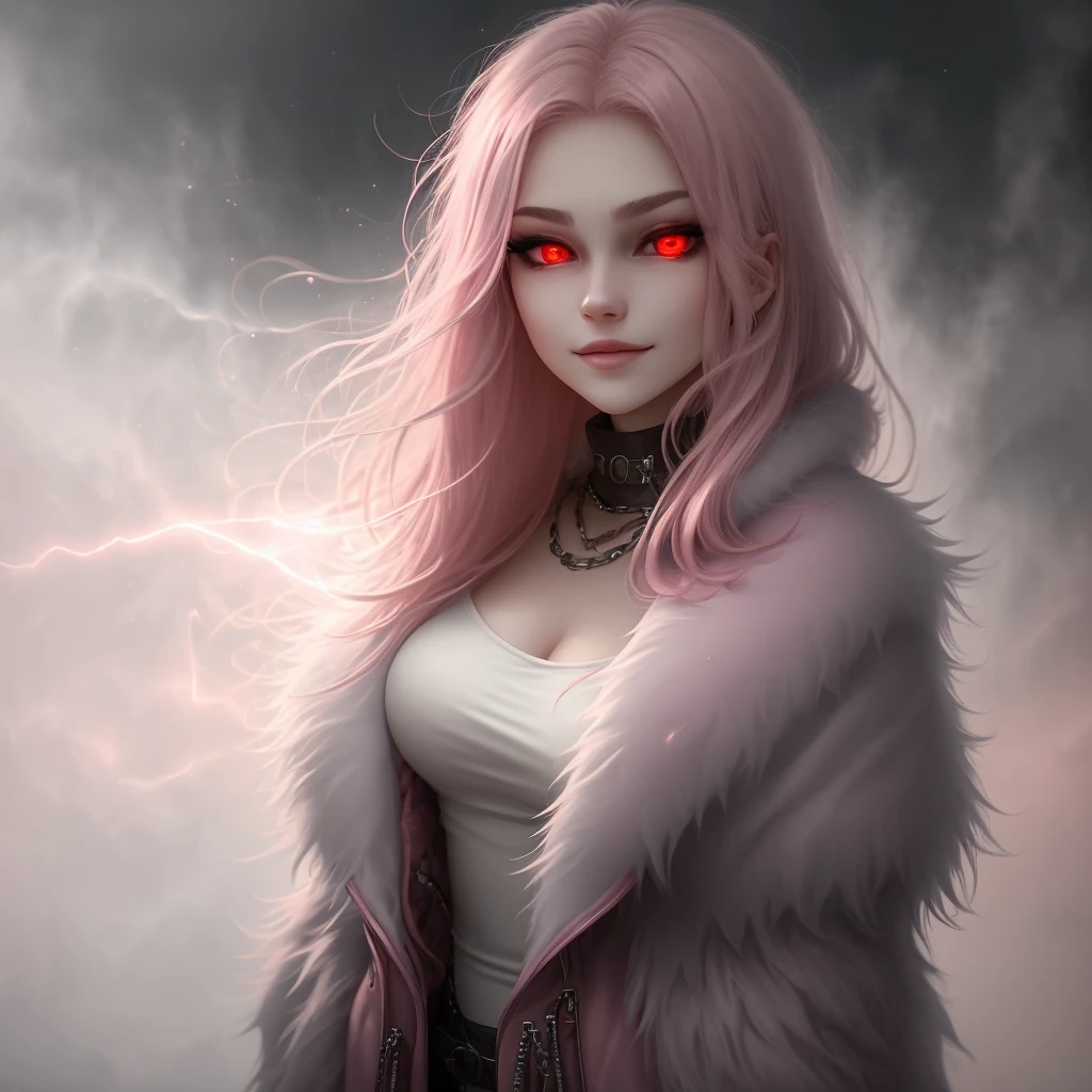 Woman, fur coat, hypnotizing you with fur coat, glowing red eyes, ager, dream light dark vision, relaxing hypnotic looking image, evil, smirking, foggy light pink.