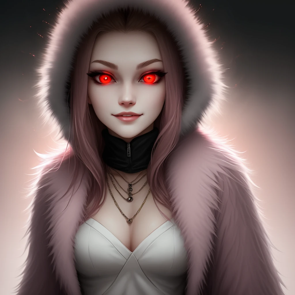 Woman, fur coat, hypnotizing you with fur coat, glowing red eyes, ager, dream light dark vision, relaxing hypnotic looking image, evil, smirking, foggy light pink.