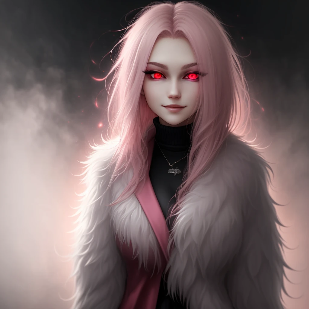 Woman, fur coat, hypnotizing you with fur coat, glowing red eyes, teenager, dream light dark vision, relaxing hypnotic looking image, evil, smirking, foggy light pink.