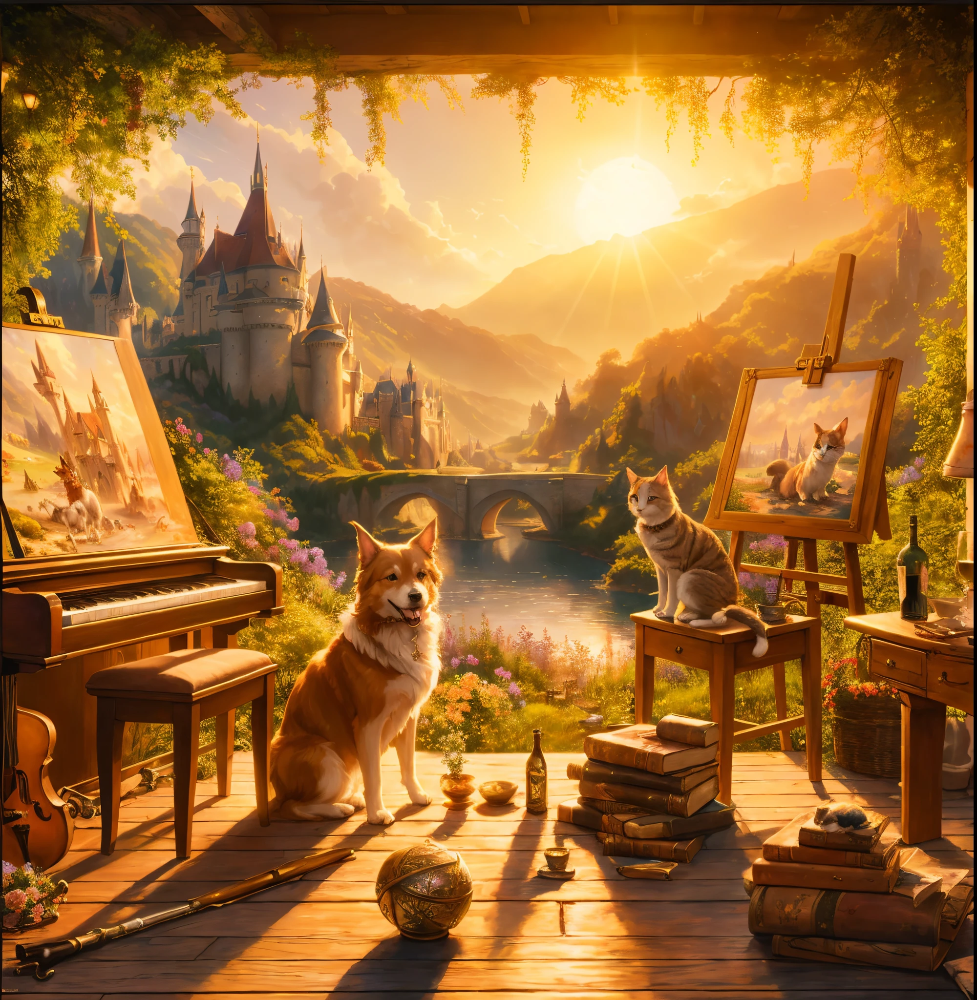 peinture d'un chien et d'a chat assis sur a porch in front of a château, Magic realism style, Matte painting fantaisie，mignon, Beautiful rendering of a fairy tale, Bel art UHD 4 K, 4k highly detailed digital art, art in the style of disney, 4 K mat Thomas Kinkade, Fairytale painting, Fairytale artwork, fantaisie fantaisie art paysager, Tomas Kinkade
