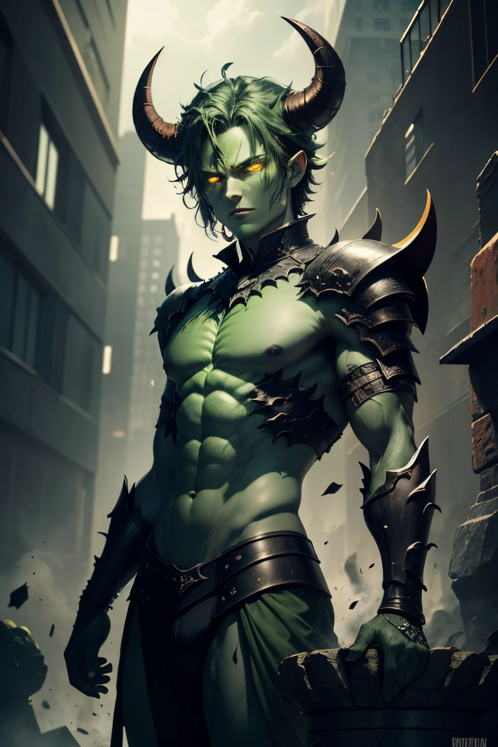 Male devil in hell,dark green body skin,Yellow eyes,light green horns,Put on gray stone armor.,The background is a well of acid and flames.,city in hell