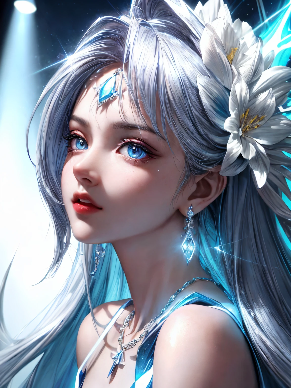 masterpiece, best quality, illustration, sax blue, platinum earrings, platinum necklace, white dress, 1girl, cute, (dynamic lighting:1.2), cinematic lighting, delicate facial features, detailed eyes, sharp pupils, realistic pupils, depth of field, bokeh, sharp focus, (hyper-detailed, bloom, glow:1.4), many small gems