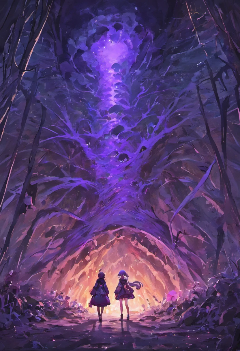 huge dark underground cave，Various purple mushrooms，There is a huge purple tree at the end of the cave，The roots spread all the way to the top，There is a huge object at the root of the tree，Creepy purple mushroom monster，There are various animal carcasses parasitized by mushrooms on the surrounding ground.....，Start slowly standing up and walking