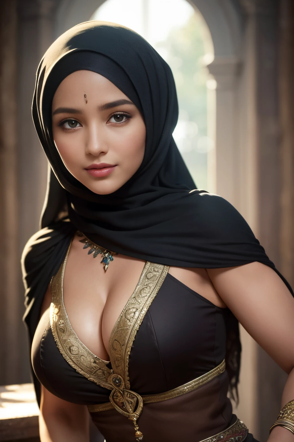 tombraider, cleavage, hijabi, Absurd, ultra-detailed, high quality, masterpiece, detailed face, beautiful eyes(detailed eyes), Greek mythology Goddess, Hestia, goddess of the hearth and home, gentle and graceful, face exudes warmth and kindness, eyes described as soft and comforting, gentle and steady gaze, overall appearance is simple and modest, The fabric of her garments is usually depicted as soft and earth-toned, beauty lies not in extravagant adornments, Her smile is serene and welcoming