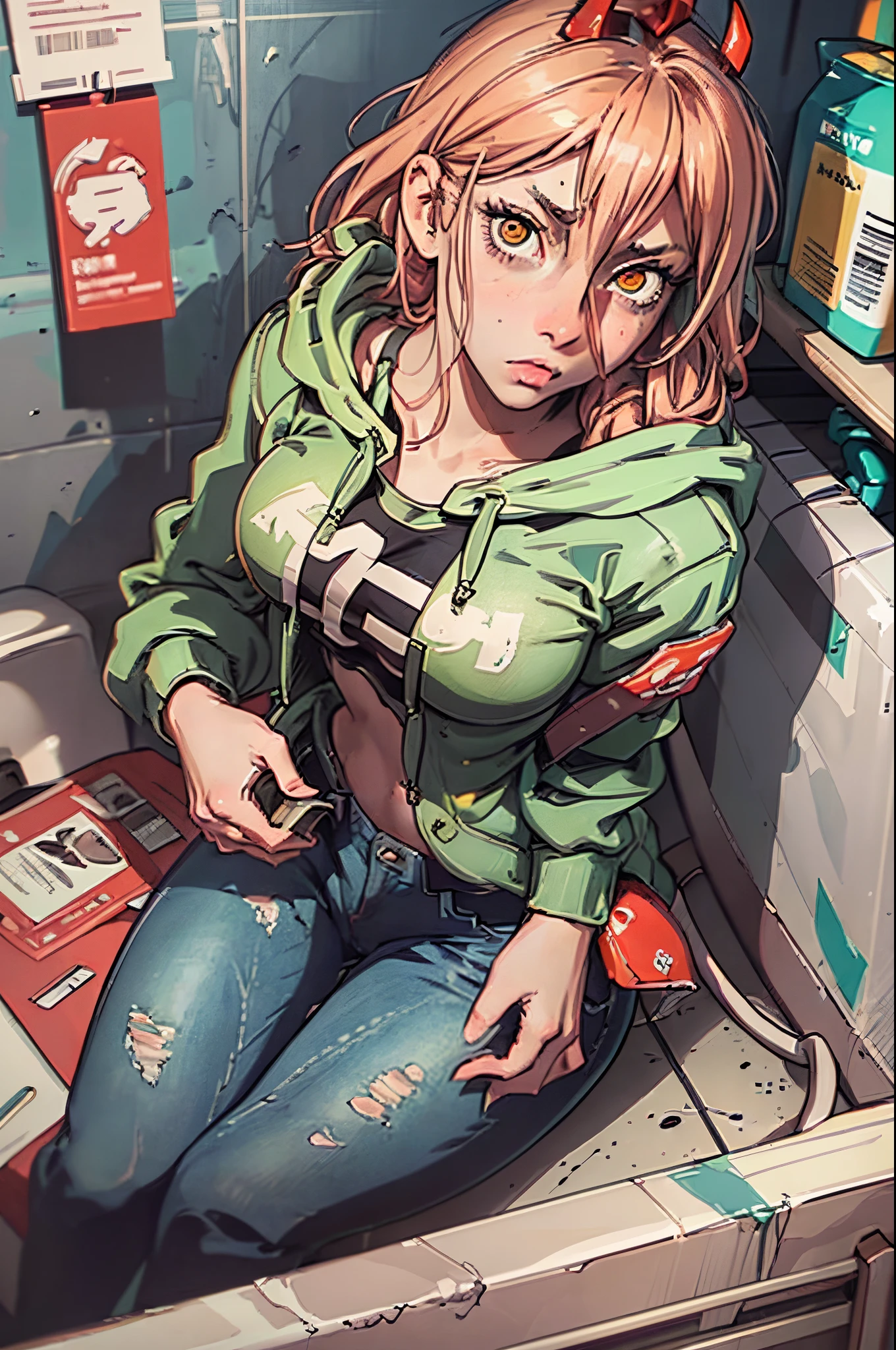 high res, detailed, power from chainsawman, person sitting in a toilet cubicle, gripping their own breast, holding a magazine in the other hand, wearing a pink low-cut hoodie and black jeans, looking up at the viewer, dramatic lighting, intense and vibrant colors