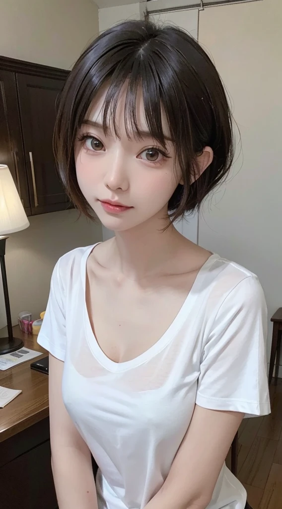 (a closeup:1.4)、(Raw photography:1.2)、(Photorealsitic:1.4)、(​masterpiece:1.3)、(top-quality:1.4)、one girls、(Slender and beautiful girl)、(FULL BODYSHOT)、独奏、cute little、((The shirt、open-shirt))、no-bra、鎖骨、(large full breasts:1.2)、beauty breast、(a short bob:1.2)、Look at viewers、浅笑、makeup、