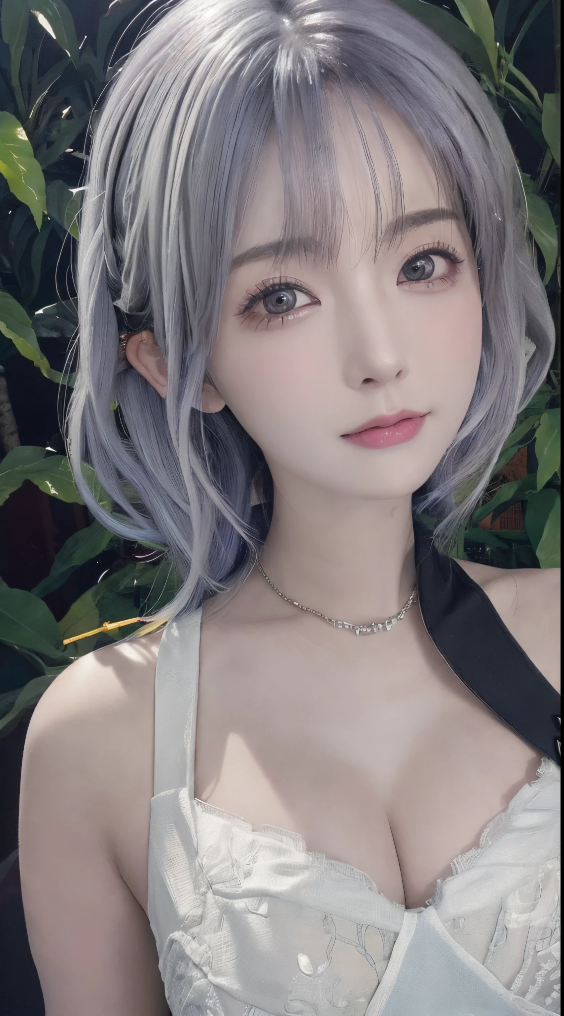 (masseter membrane:1.3)、(8K、真实感、Original photography、top-quality: 1.4)、(1 girl in)、Beautiful face、(lifelike face)、(White hair、Medium hair:1.3)、Beautiful hairstyle、photorealistic eye、beautifuldetails、(real looking skin)、Beautiful skins、(花魁)、Huang Li、Cleavage is seductive、超高分辨率、Surreal、high detal、the golden ratio、bright sun light、curlies