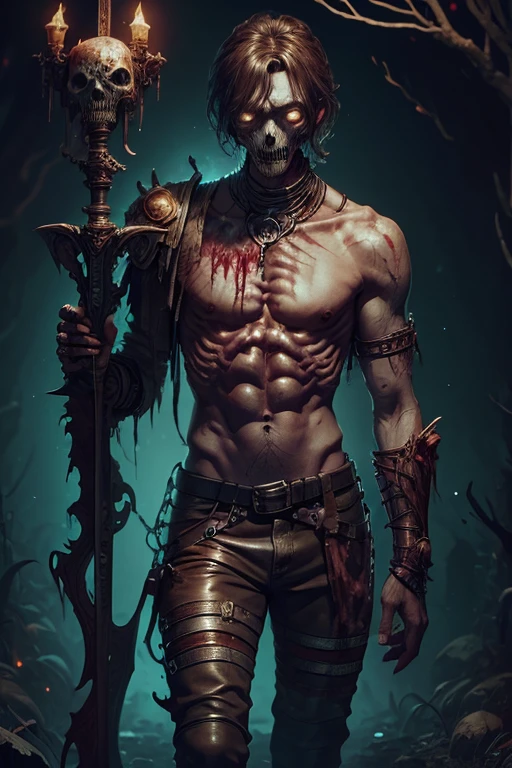 Undead zombie male, arm rotting flesh, light facal hair, tan hair ...