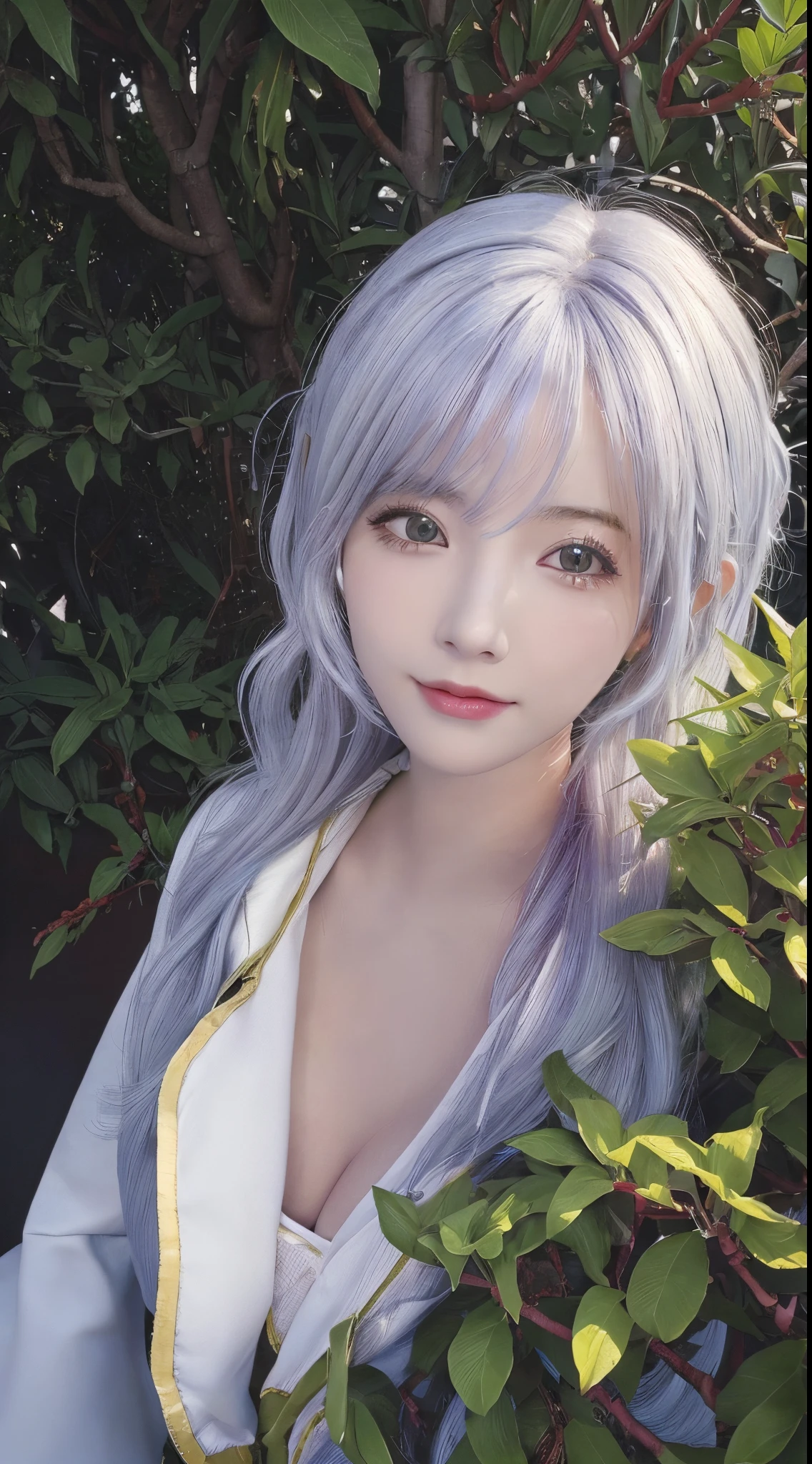 (masseter membrane:1.3)、(8K、真实感、Original photography、top-quality: 1.4)、(1 girl in)、Beautiful face、(lifelike face)、(White hair、Medium hair:1.3)、Beautiful hairstyle、photorealistic eye、beautifuldetails、（real looking skin）、Beautiful skins、（花魁）、Huang Li、Cleavage is seductive、超高分辨率、Surreal、high detal、the golden ratio、bright sun light、curlies