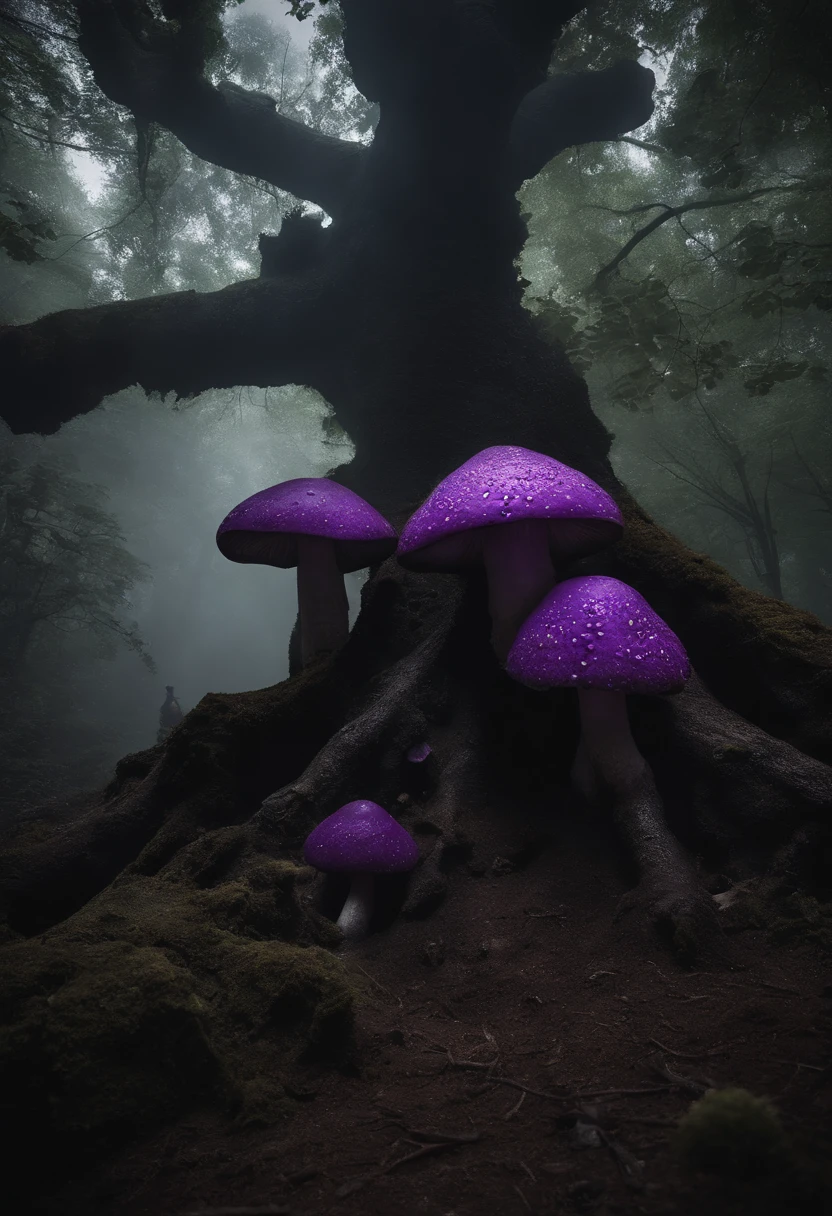 huge dark underground cave,Various purple mushrooms,There is a huge purple tree at the end of the cave,The roots spread all the way to the top,There is a huge object at the root of the tree,Creepy purple mushroom monster,There are various animal carcasses parasitized by mushrooms on the surrounding ground.......,Start standing up and walking slowly,terror,darkly,ogre,in a panoramic view,oppression,immensity