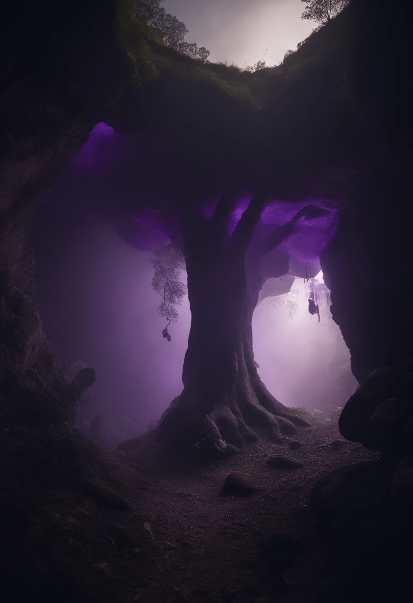 huge dark underground cave,Various purple mushrooms,There is a huge purple tree at the end of the cave,The roots spread all the way to the top,There is a huge object at the root of the tree,Creepy purple mushroom monster,There are various animal carcasses parasitized by mushrooms on the surrounding ground.......,Start standing up and walking slowly,terror,darkly,ogre,in a panoramic view,oppression,immensity