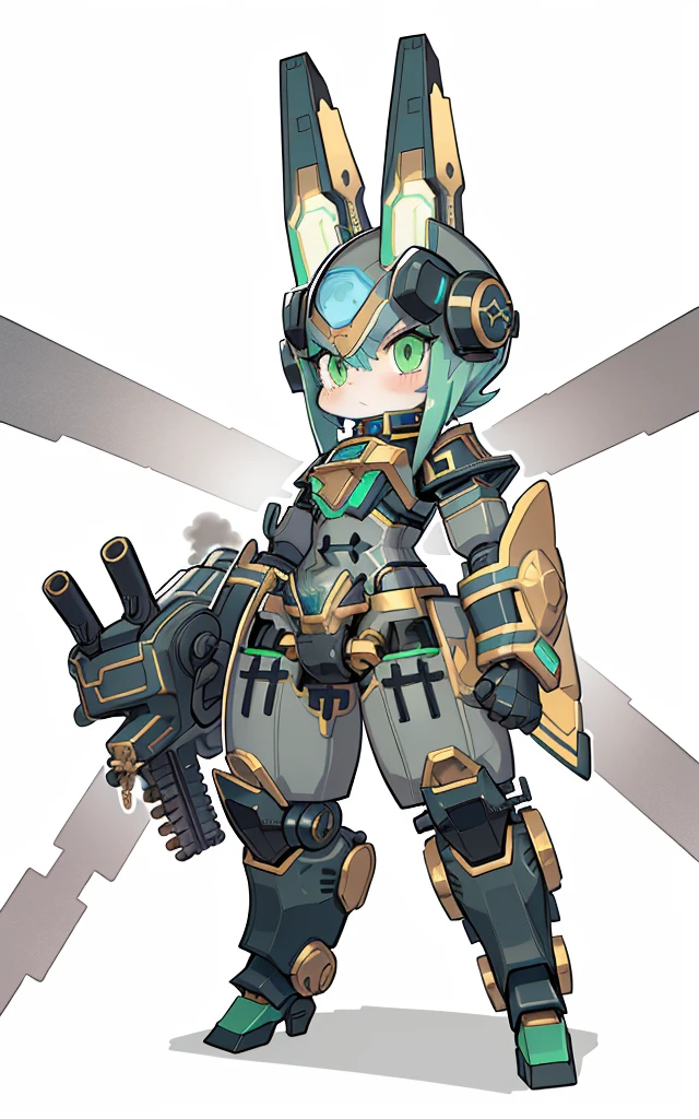 Cartoon image of robot rabbit holding gun, The hair is green, mecha cyber armor, gear wheel, Rich steampunk themes, steam engine, Cool mech style, mechasuit, Full robot full body mecha suit, cyber fight armor, wearing cyber armor, anime mecha armor,golden armour, Complex assassin mecha, adorable expression, Mecha Inspiration, Spatial perspective, The vision becomes blurred