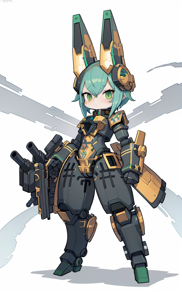 Cartoon image of robot rabbit holding gun, The hair is green, mecha cyber armor, gear wheel, Rich steampunk themes, steam engine, Cool mech style, mechasuit, Full robot full body mecha suit, cyber fight armor, wearing cyber armor, anime mecha armor,golden armour, Complex assassin mecha, adorable expression， Mecha Inspiration, Spatial perspective, The vision becomes blurred