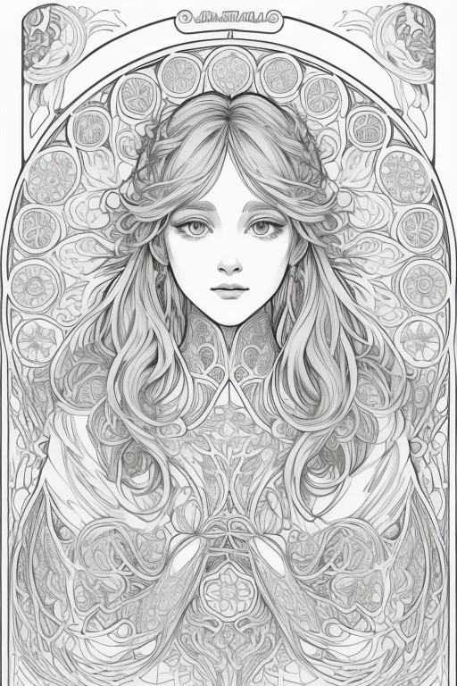 palace, Art coloring pages, completely white background, Using only outlines, line art, Coloring, Clean Line Art, Coloring pages Mandalas with natural patterns, simple, clean line art, Coloring Pages, decorated in Art Nouveau style, brushstrokes by Alphonse Mucha, perfect details, Original, gray hairs, Unfilled hair, only hair outline.