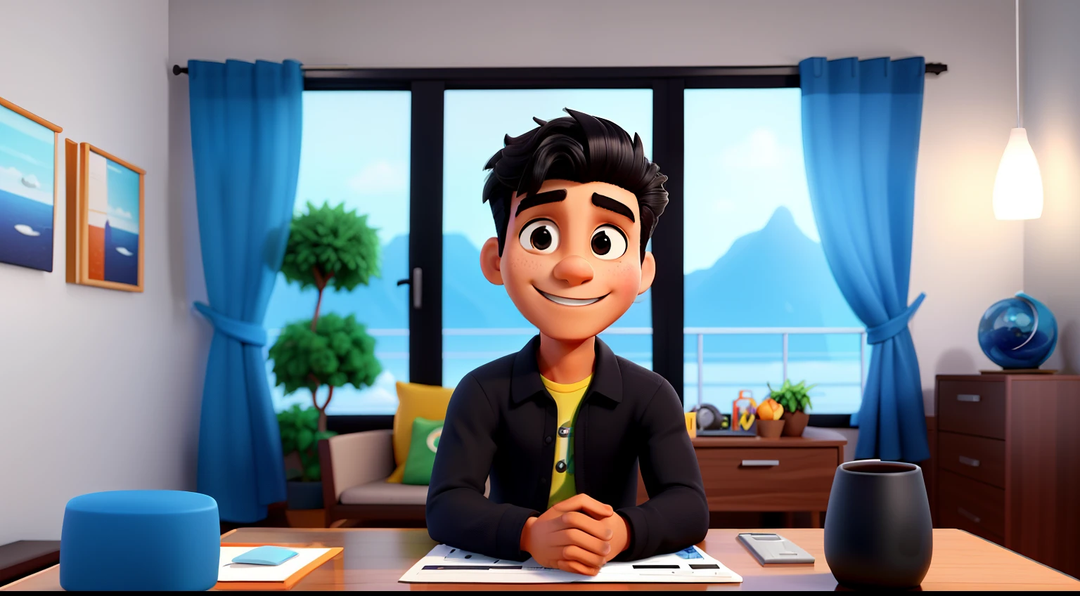 um homem branco de 26 anos, cabelo preto, sorrindo, ambiente no seu quarto sentado na mesa imagem tipo Disney