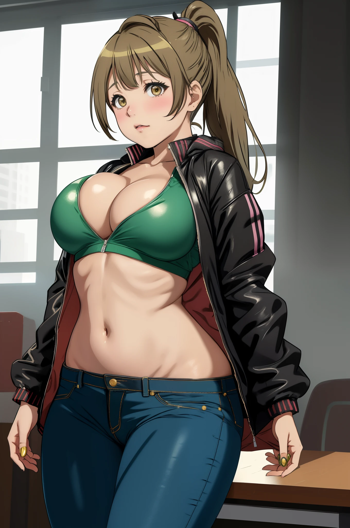 Minami kotori, huge breasts, cowboy shot, (opened jacket, navel, breasts, tight pants, solo, bangs, ponytail