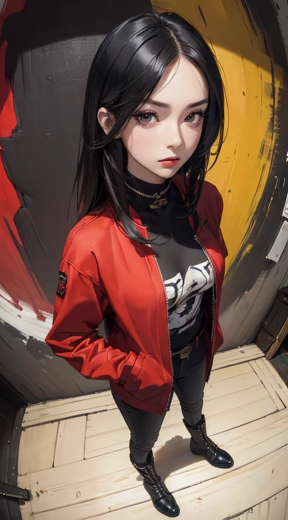 ((8k wallpaper of extremely detailed CG unit:1.2, masterpiece, hight resolution:1.2, top-quality:1.2, masutepiece)), ((a very beautiful woman, Hands in pockets:1.8, Street fashion, wearing a red blouson, wearing black skinny jeans, Wearing boots)), ((extra detailed face, Highly detailed black eyes, Contrasting eyes, extra detailed body, Top quality real texture skins:1.2)), (A dark-haired, length hair, de pele branca), ((colorful paint wall)), (high-angle:1.2, Fisheye:1.3), hyper realisitic, digitial painting,