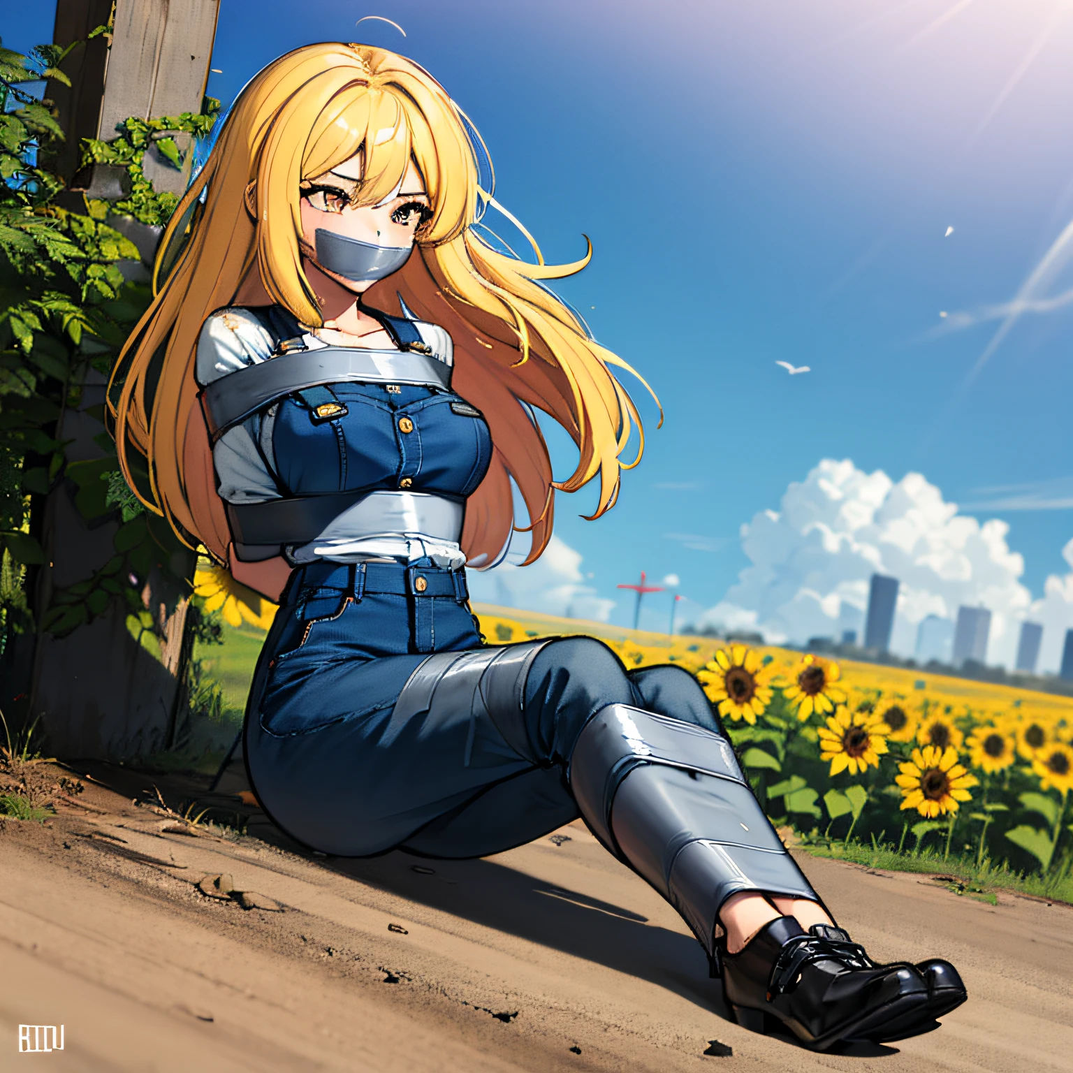 (absurdres, 8k, 4k, masterpiece, hyper extreme detailed:1.2), solo, side view portrait, best quality, portrait, solo, adult, cowboyshot, perfect anatomy, 1girl, perfect face, expressive eyes, perfect eyes, half body, dirty blonde hair, swept bangs, cool, confident, friendly, medium bust, goofy, funny, determined, protagonist, unchanging, worry free, adventurous, long hair, farm, sunflowers, dirt path, blue sky, clouds, sunny city, entertained, messy overalls, dirty, gold eyes, gloves, eccentric, odd, quirky, unique, carefree, original, messy hair, wind, windy, moving hair, moving clothes, tangled hair, dirty, happy, content, overalls, white under shirt, musical, freedom, inspiring, leader, america, friendly, slight smirk, freckles, flowing hair, farmer, wandering, nomad, musician, freckles, dirty face, dirty clothes, white gloves, smiling, half body, torn clothes, bound, bondage, (arms behind back:1.4), bdsm, tape gag, tape, tape bondage, close-up, restrained, best anatomy, half body, tape wrapped, wrap gag, tightly bound, tape wrapped around face, tape above breasts, tape below breasts, sitting