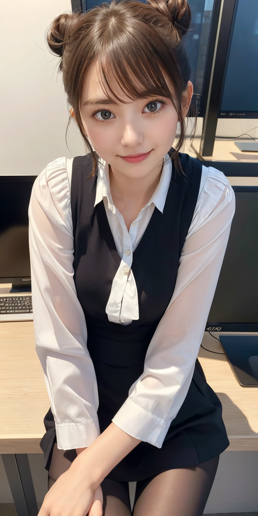 (RAW, best quality, masterpiece:1.5), (photo realistic, intricate details:1.2), ultra highres, absurdres,
1girl, beautiful face, blue eyes, green eyes, detalied eyes, symmetric eyes, light on face, nose blush, short hair, hair bun, black hair tie, 
clk, vest, suit, pencil miniskirt, white shirt, silk scarf, black pantyhose, [:20d, :0.8],
smile, small dimples, sexually suggestive, 
medium breasts, slim waist, slim legs, long legs,
sitting on chair in front of desk, perfect body, good proportions,
looking at viewer, 
(office, indoor, hyper detailed background:1.2), japan, copy machine, file cabinet, computer, monitor,
shiny skin, real skin texture, 
natural lighting, best lighting, detailed background, detailed shadow, sharp focus, depth of field f/2,
saturated, high contrast, strong light and shadow