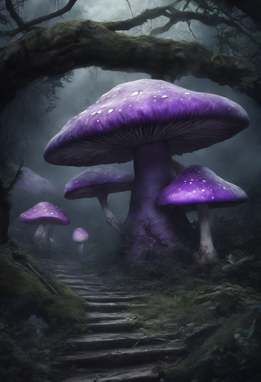 huge dark underground cave,Various purple mushrooms,There is a huge purple tree at the end of the cave,The roots spread all the way to the top,There is a huge object at the root of the tree,Creepy purple mushroom monster,There are various animal carcasses parasitized by mushrooms on the surrounding ground........,Start standing up and walking slowly,terror,darkly,Ogre,in a panoramic view,oppression,immensity