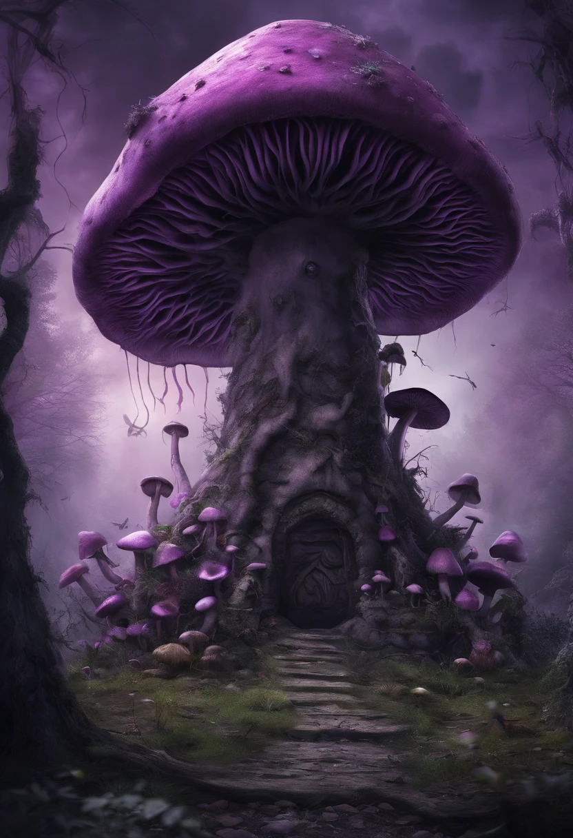 huge dark underground cave，Various purple mushrooms，There is a huge purple tree at the end of the cave，The roots spread all the way to the top，There is a huge object at the root of the tree，Creepy purple mushroom monster，There are various animal carcasses parasitized by mushrooms on the surrounding ground........，Start standing up and walking slowly，terror，darkly，Ogre，in a panoramic view，oppression，immensity