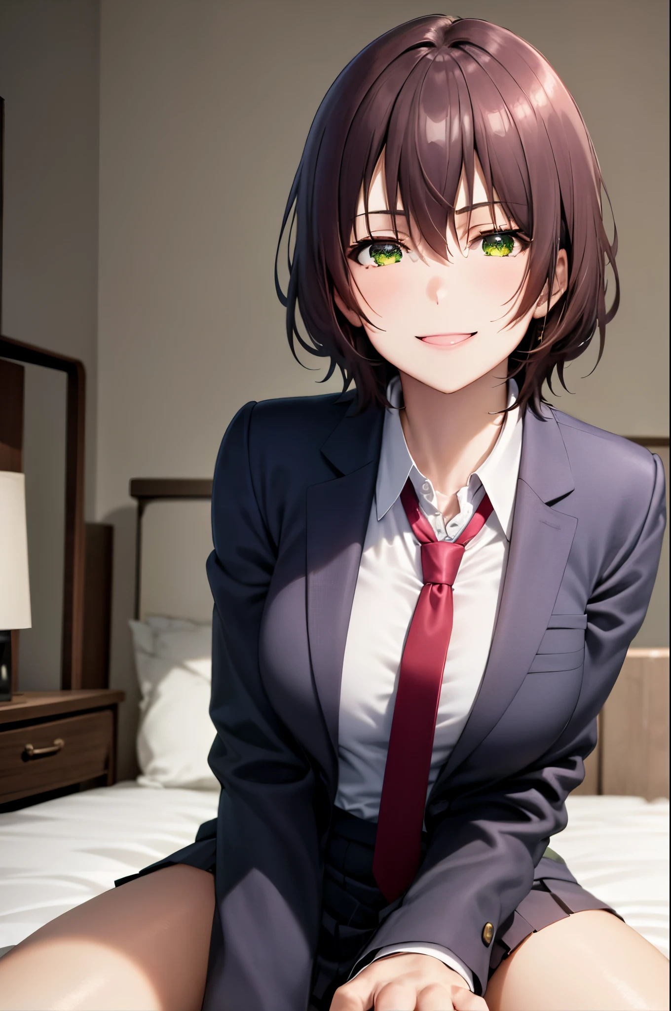 masterpiece, (best quality),1girl, aoihinami, short hair, green eyes, white shirt,school uniform,sexy woman,jacket, necktie, collared shirt,closed clothes, flirty, smile, hair between eyes, sitting on bed, ,natural lighting, beautiful, (detailed face:1.2), (perfect eyes:1.1), looking a viewer, bedroom,