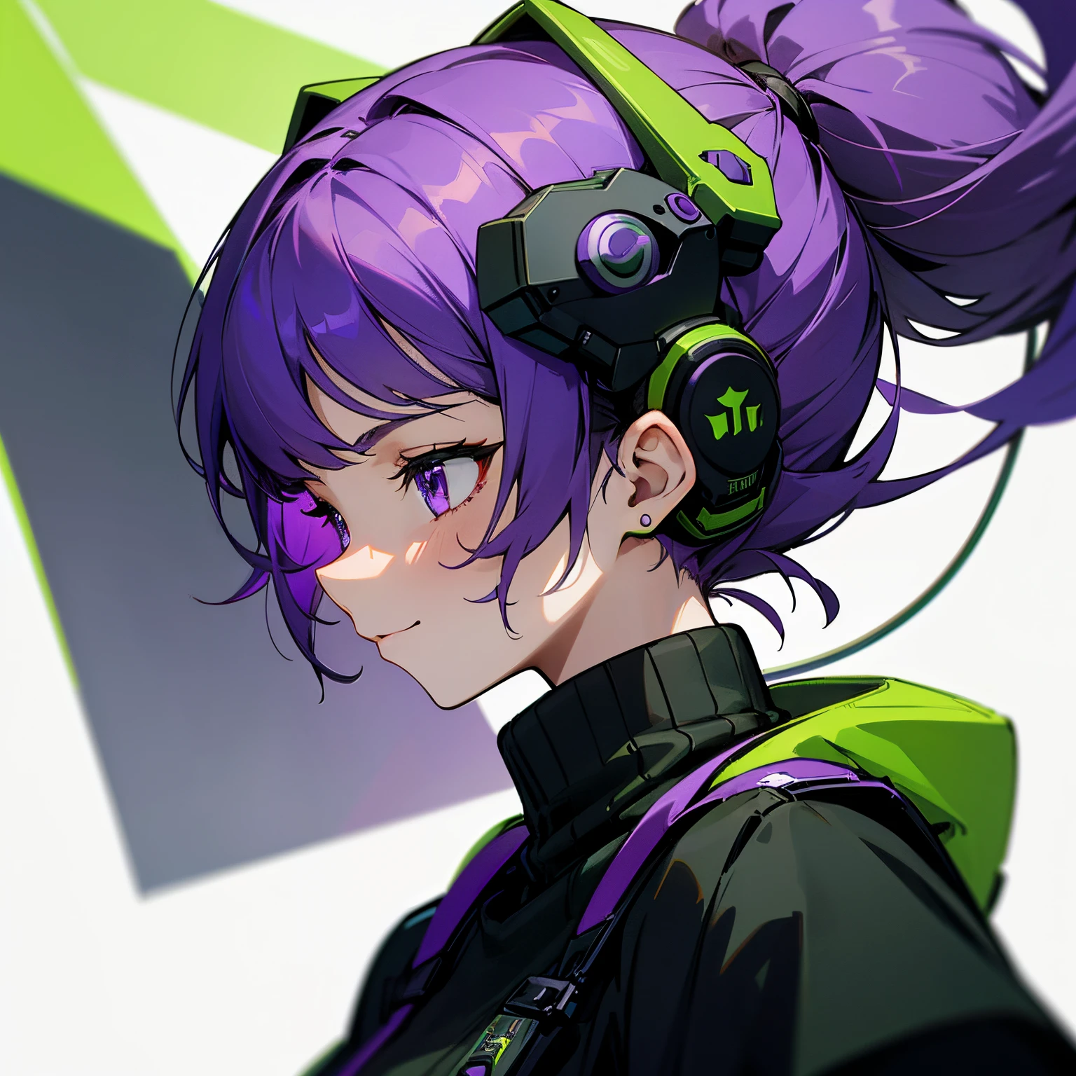 1 woman, 1 purple-haired woman, the woman's hair is purple on the outside and dark green on the inside, the woman has purple eyes, the woman is wearing a long-sleeved sweater with a turtleneck, the woman's sweater is colored black. black military sweater, sweater with green snaps, green military sweater sleeves, 1 woman with a small defiant smile, profile photo, 1 woman with military headphones, green military headphones, green headphones, 1 woman with military backpack, military backpack dark purple, white background, 1 woman on a white background, behind the woman a white background.