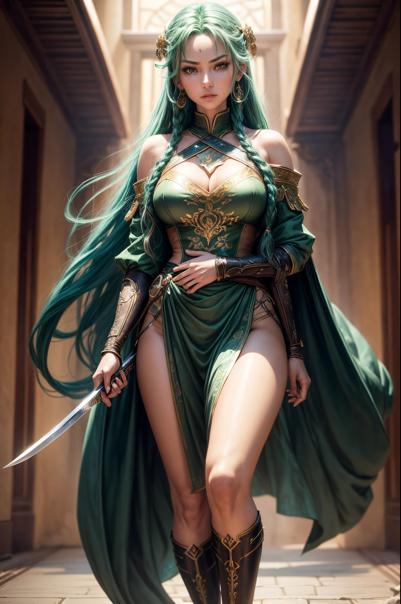 (full body image:2), 1Princess Zelda+standing, (large breasts:1.5), (she is wearing the Mortal Kombat Scorpion costume+black suit+yellow parts:1.3), (she is inside the temple of death with several chandeliers illuminating the place:1.5), (she has blue eyes:1.3), (she has short green hair:1.3), (she is looking at the viewer+doing erotic poses:1.3), (holding a Katana, attached to a chain, she's nervous:1.5), Eye-Level Shot, Mortal Kombat Style, 16k, best quality, high detail, UHD, masterpiece, anatomically correct
